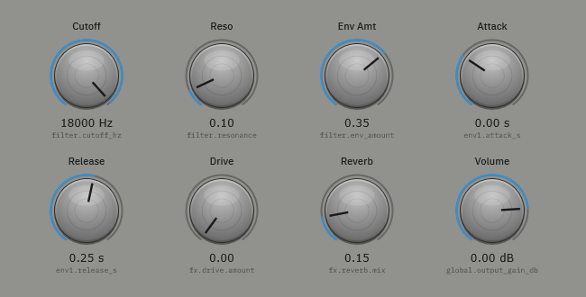Generated control panel — machined knobs with real parameter values
